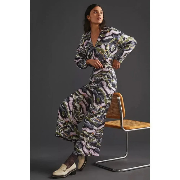 Anthropologie 2pc dress pant and bodysuit blouse set abstract print size 4. - Picture 1 of 15